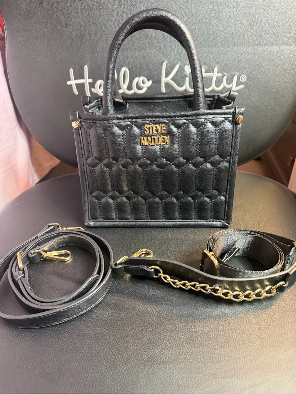 Steve Madden Black Quilted Satchel with Gold Hardware